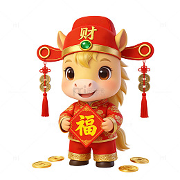 喜庆马年财神卡通立体形象ip插画