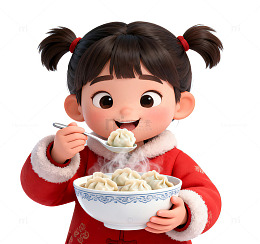 卡通风格小女孩吃饺子插画