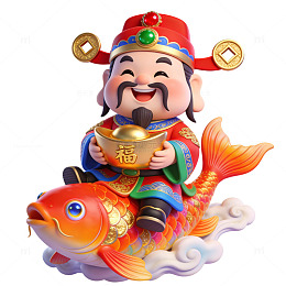 喜庆财神爷骑金鱼新年装饰免扣元素