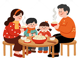 全家团圆吃饺子卡通插画