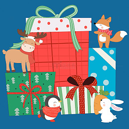 冬季圣诞礼盒驯鹿企鹅狐狸兔子动物节日插画