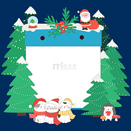 冬季圣诞节圣诞树猫咪圣诞老人刺猬节日插画