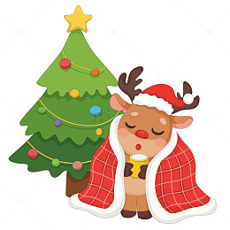 圣诞树披着毯子驯鹿喝热饮冬季圣诞节插画