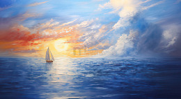 油画风海上日落帆船美景