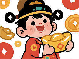 卡通财神爷金币插画