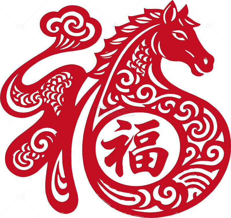 中国风马年福字剪纸艺术