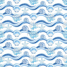 海洋风情贝壳波浪图案壁纸四方连续图
