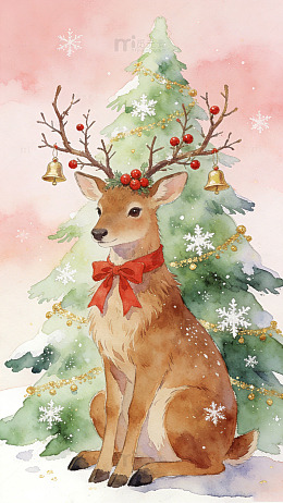 水彩鹿与圣诞树插画