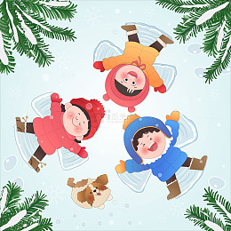 冬季雪天孩子小狗户外玩耍滑雪滑冰卡通插画