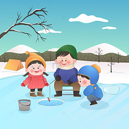 冬季雪天孩子和爸爸雪地冰钓户外露营插画