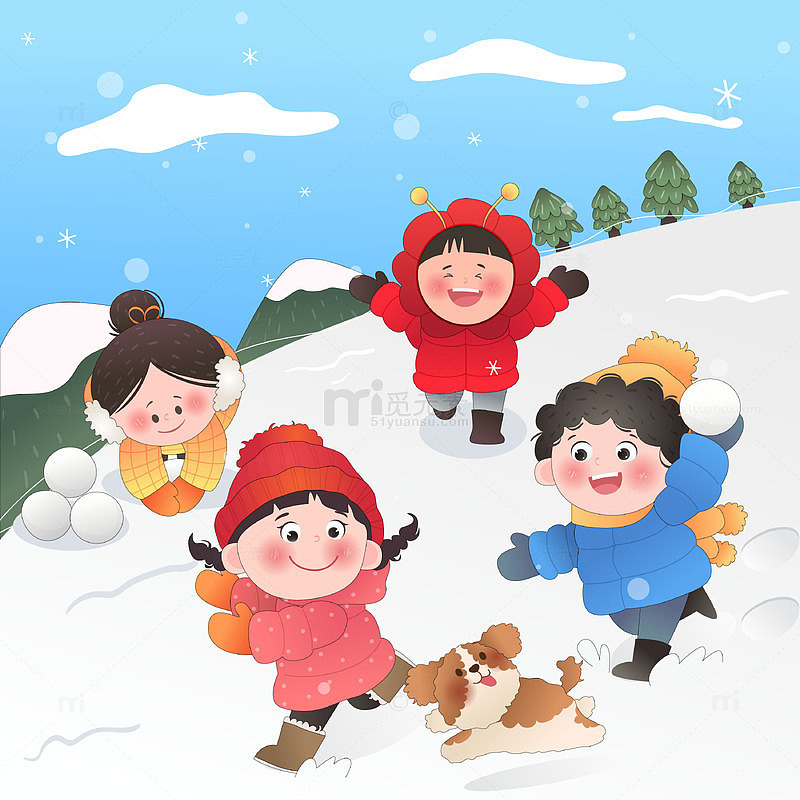冬季孩子小狗雪地玩耍嬉戏奔跑卡通儿童插画