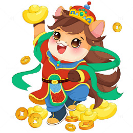 马年春节小马驹送元宝财源滚滚传统节日插画