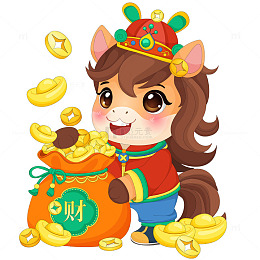 马年春节小马驹钱袋元宝金币传统节日插画