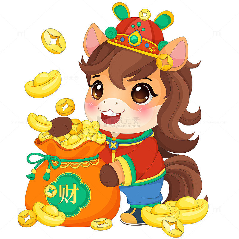 马年春节小马驹钱袋元宝金币传统节日插画