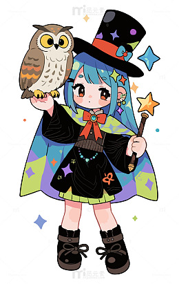 卡通小女巫与猫头鹰插图