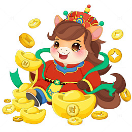 马年春节过年小马驹财源滚滚送元宝节日插画