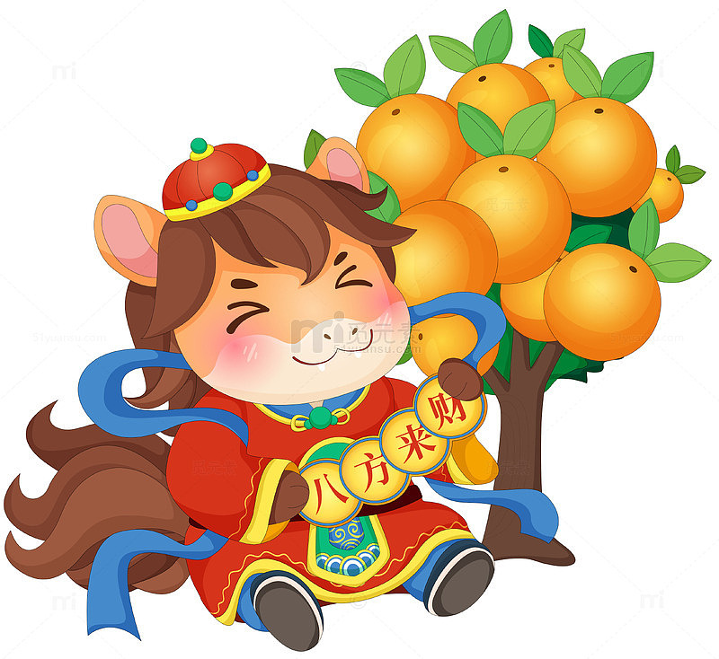 马年春节过年小马驹发财树八方来财节日插画
