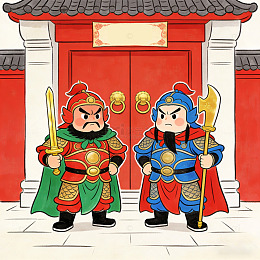 卡通风格门神守卫插画