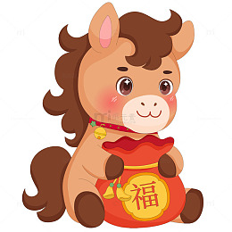 春节过年小马驹带铃铛福袋福气满满节日插画