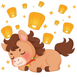 春节过年小马驹睡觉做梦孔明灯传统节日插画