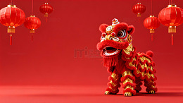 红色喜庆中国狮舞灯笼装饰