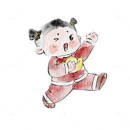 水墨卡通中国风小男孩拿金元宝