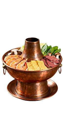 铜锅涮火锅食材摆盘图片
