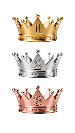 三顶金色、银色和玫瑰金皇冠