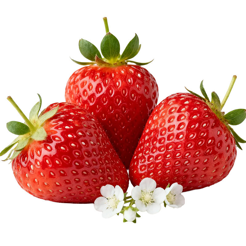 三颗鲜红草莓配白色小花
