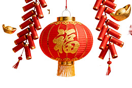 春节红灯笼与鞭炮装饰