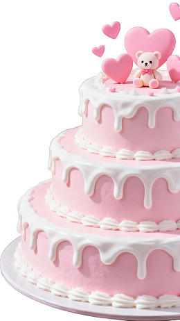 三层粉色心形蛋糕配小熊装饰