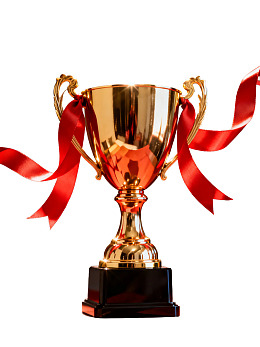 金色奖杯配红色丝带图片
