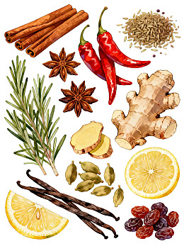 多种香料和水果的精美插画