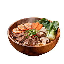 木质碗装牛肉虾仁热汤面