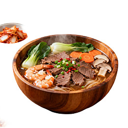 木质碗装牛肉海鲜面图片