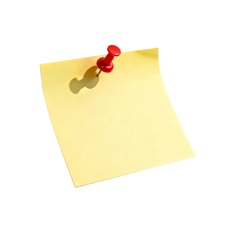 黄色便签纸用红色图钉固定