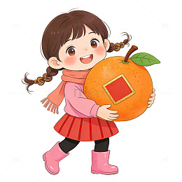 卡通小女孩抱大橙子橘子新年人物插画素材