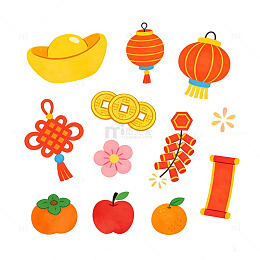 卡通风格春节元素插画贴纸装饰免扣素材