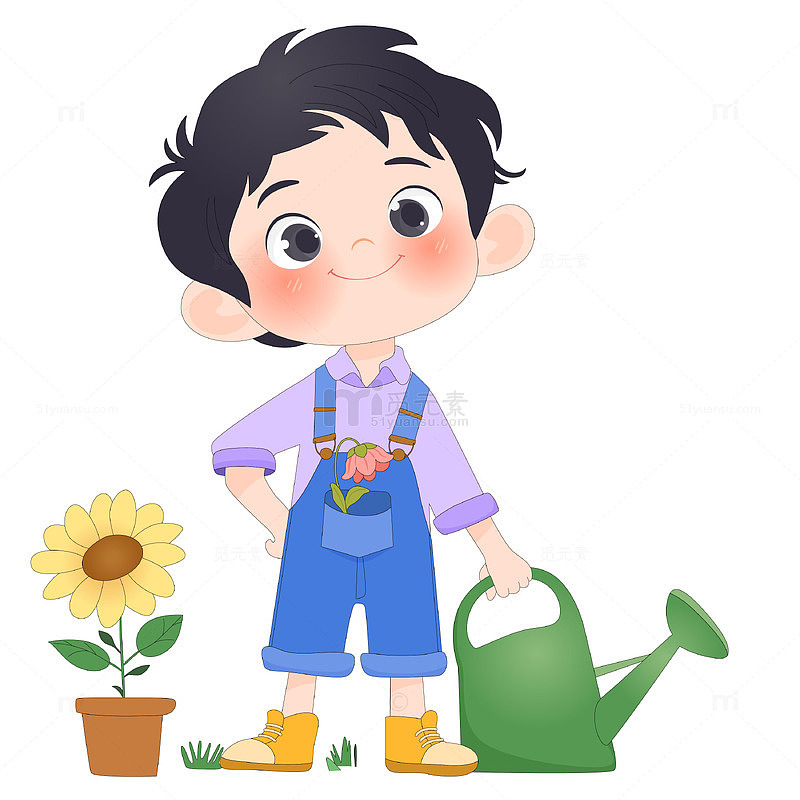 孩子做家务洒水壶浇花打扫卫生卡通儿童插画