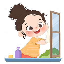 孩子做家务擦窗户打扫卫生卡通儿童插画