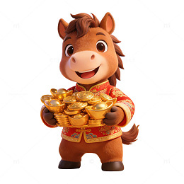 3D毛绒卡通风小马形象马年拜年发财金元宝