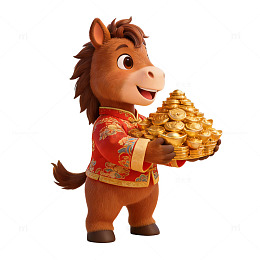 3D毛绒卡通风小马形象马年拜年手捧金元宝