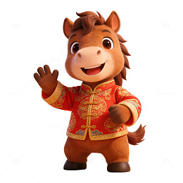 3D毛绒卡通风小马形象马年拜年中国风红色