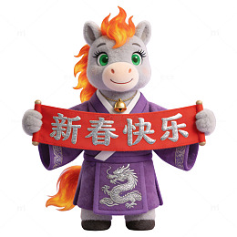 3D毛绒卡通风小马形象马年拜年横幅