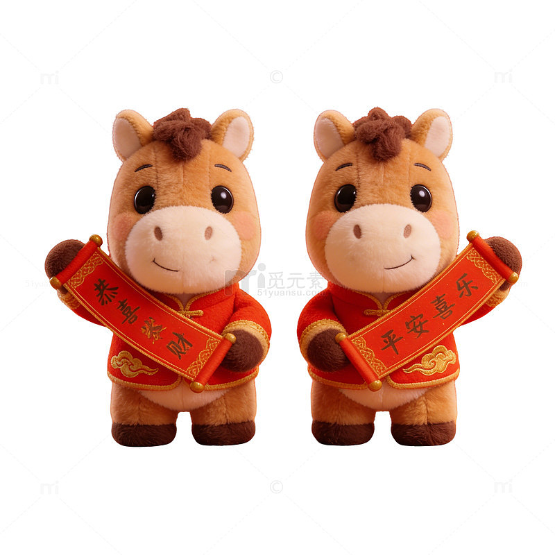3D毛绒卡通小马形象春节红色中国风马年
