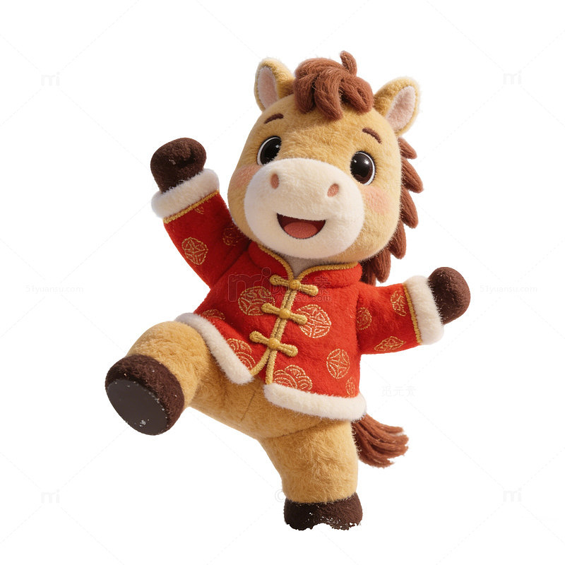 3D毛绒卡通春节红色中国风小马形象
