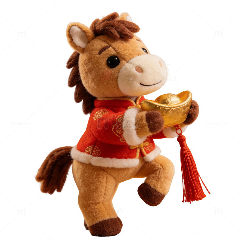 3D毛绒卡通春节红色中国风小马形象金元宝