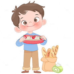 孩子奶油草莓蛋糕法棍面包儿童卡通插画