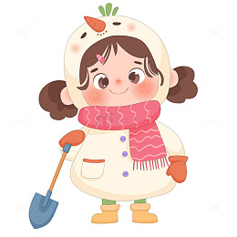 孩子穿冬装雪人服装打雪仗儿童卡通插画