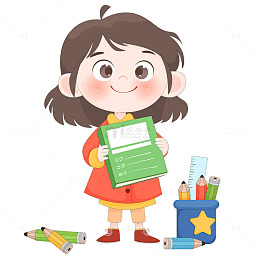 孩子拿书籍铅笔学习文具儿童卡通插画